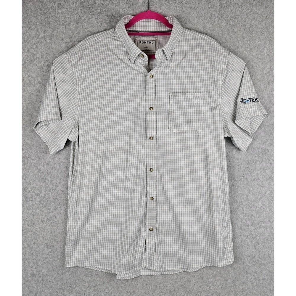Poncho Mens XL Slim Fit White Gray Plaid Shirt Buttons Vented Has Sleeve Logo